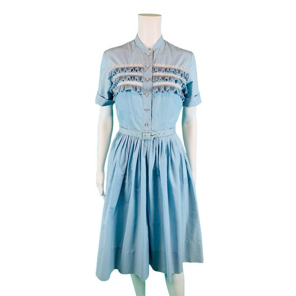 Vintage 1960s Shirtdress Light Blue Ruffle Full Skirt Dress | W 24" - Picture 2 of 10